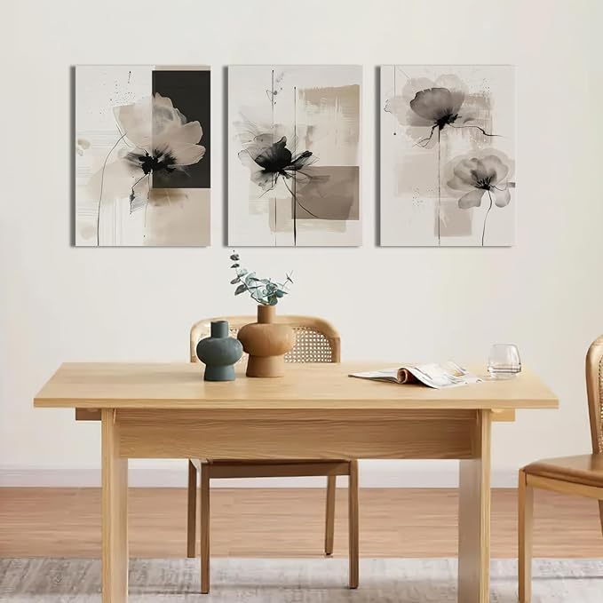 Neutral Abstract Floral Canvas Wall Art Modern Large Minimalist Wall Decor Contemporary Beige Black Flower Posters Prints Picture for Living Room Bedroom Bathroom Office 16x24 In Framed