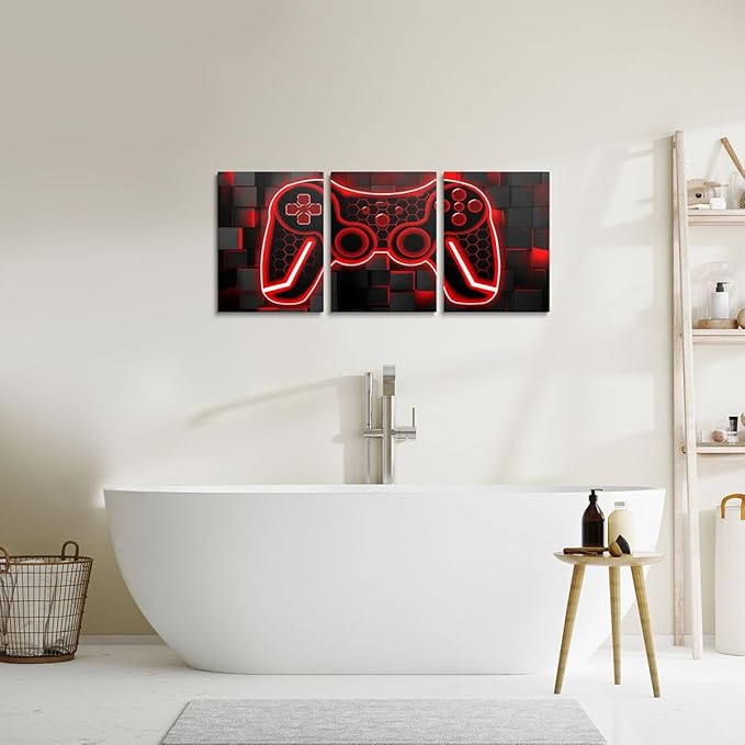 Feelyou Gamer Canvas Art - 3 Piece Red & Black Ombre Wall Decor - 12"x16" Gaming Room Decorations