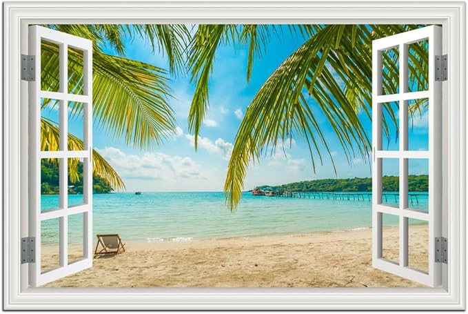 Beach Wall Art Decor Tropical Ocean Canvas Pictures for Living Room White Window Frame Style Large Blue Seascape Painting for Bedroom Coastal Theme Landscape for Home Office Decorations Ready to Hang(32"*48")