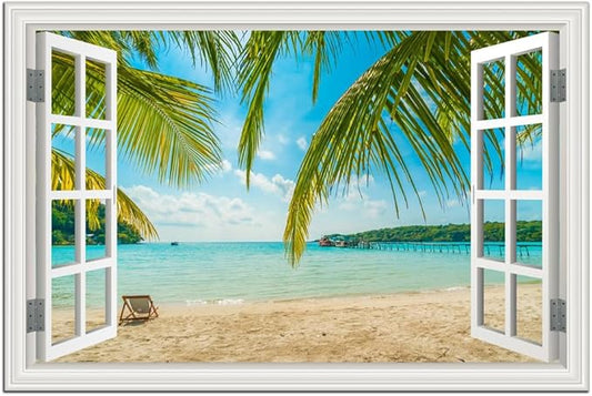 Beach Wall Art Decor Tropical Ocean Canvas Pictures for Living Room White Window Frame Style Large Blue Seascape Painting for Bedroom Coastal Theme Landscape for Home Office Decorations Ready to Hang(32"*48")