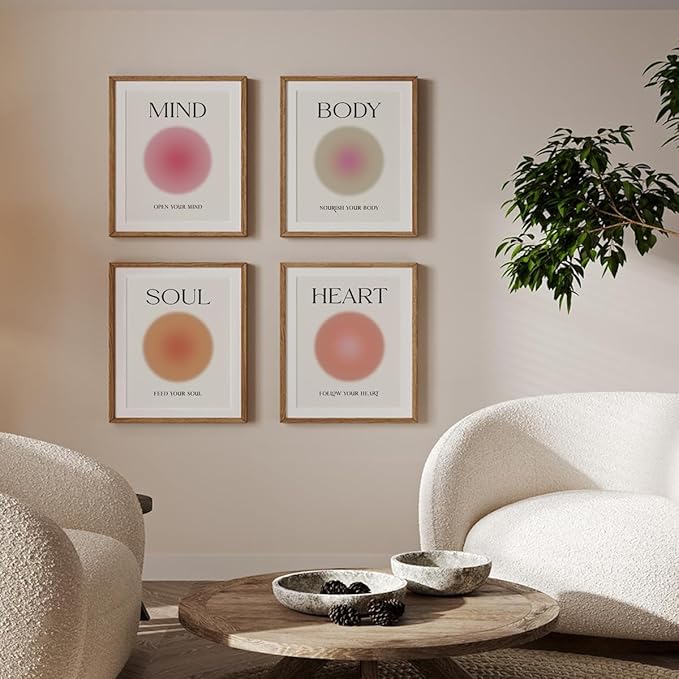 PLKMN Mind Body Soul Heart Wall Art Prints,Pink Energy Spiritual Positive Aura Posters For Room Aesthetic, Colorful Aura Poster Energy Wall Art for Bedroom Yoga 8x10 Inch Set of 4 Unframed