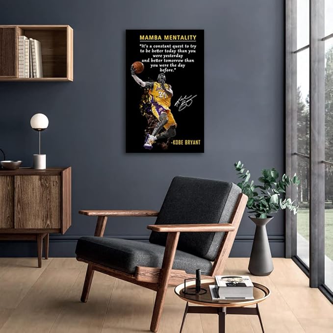 Kobe Bryant Poster Canvas Wall Art • Mamba Mentality Quote Canvas Wall Art • Basketball Player Sports Home Decor • Motivational Artwork For Home,Office,Gym Wall Decor Framed Ready to Hang
