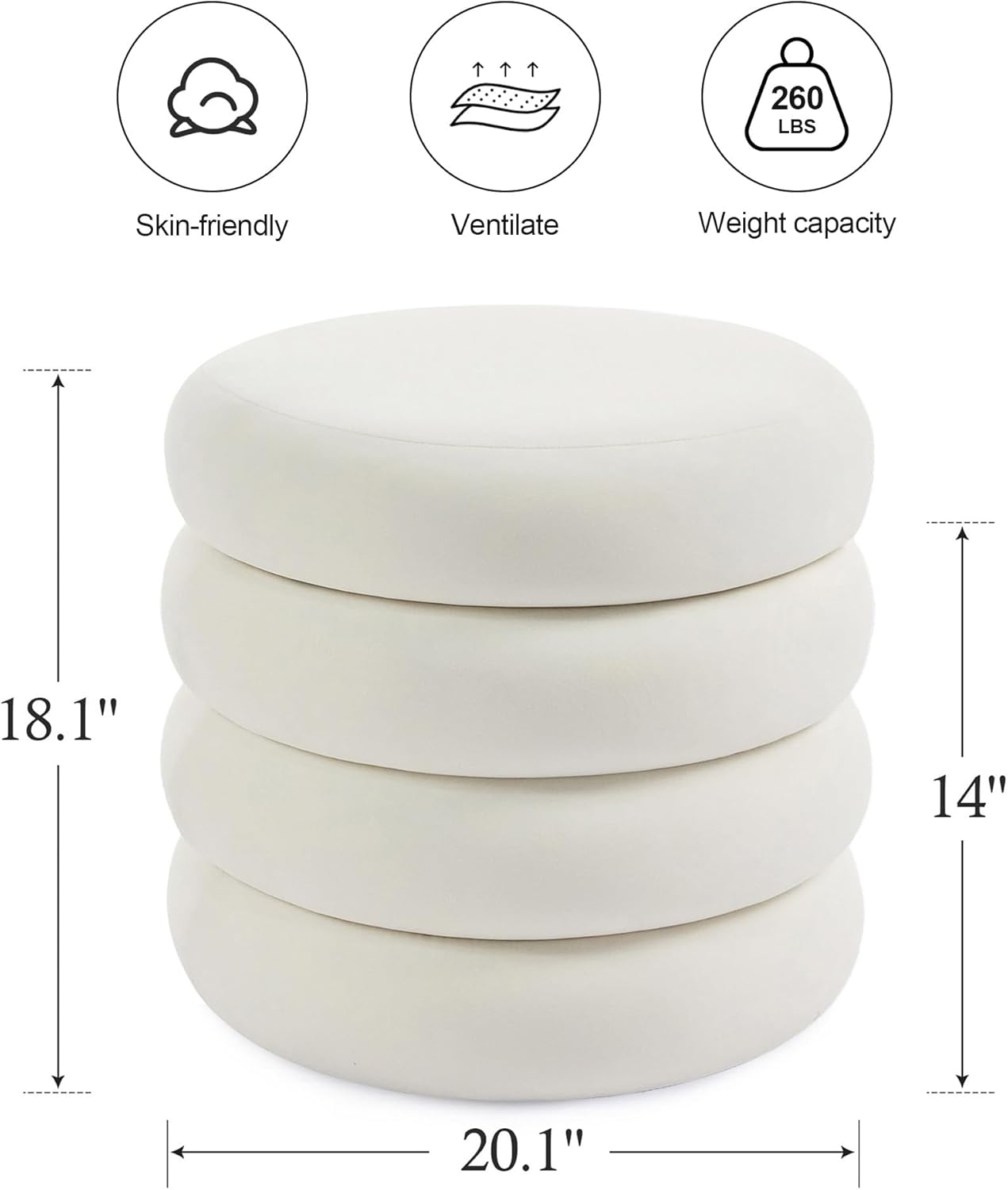 ONEVOG Round Storage Ottoman, 20" Small Ottomans Table with Removable Lid, Velvet Fabric Soft Footrest Stool for Couch, Upholstered Stuffed Circle Seat for Living Room/Bedroom/Dorm/Vanity, Lvory White