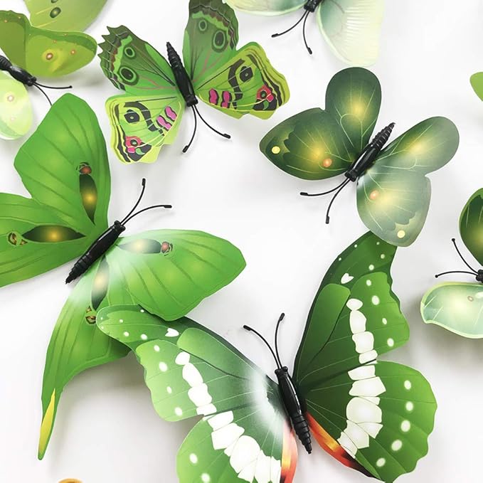 36pcs 3D Colorful Butterfly Wall Stickers DIY Art Decor Crafts for Party Nursery Classroom Offices Kids Girl Boy Baby Bedroom Bathroom Living Room Magnets and Glue Sticker Set1(Green-Single Wing)