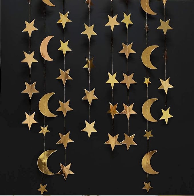 Decor365 Gold Moon Star Garland Ramadan Decorations Twinkle Little Star Two the Moon Birthday Party Decoration Whimsical Decor Starry New Year Eve Banner Hanging Stars Baby Shower EID Muburak Decor