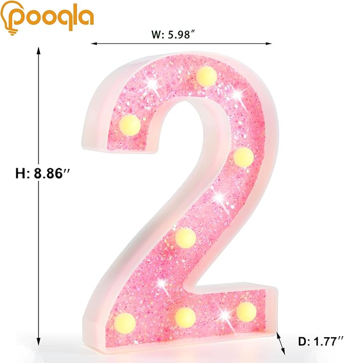 Pooqla Marquee Numbers Lights, light up Pink Numbers, Glitter Number Night Light Battery Powered Birthday Gift for Boys Girls Christmas Wedding Home Bar Party Decoration, Pink 2