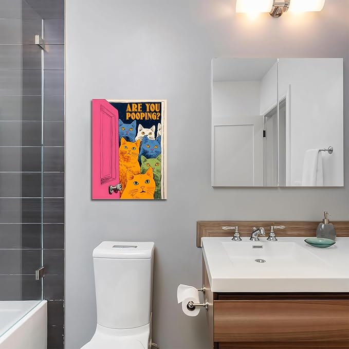 Yaneiro Funny Bathroom Cat Canvas Wall Art, Framed Cute Cat Prints Posters Wall Decor, Are You Pooping Sign Animal Pictures for Living Room Bedroom Toilet Kids Room Wall Paintings 16x24 in