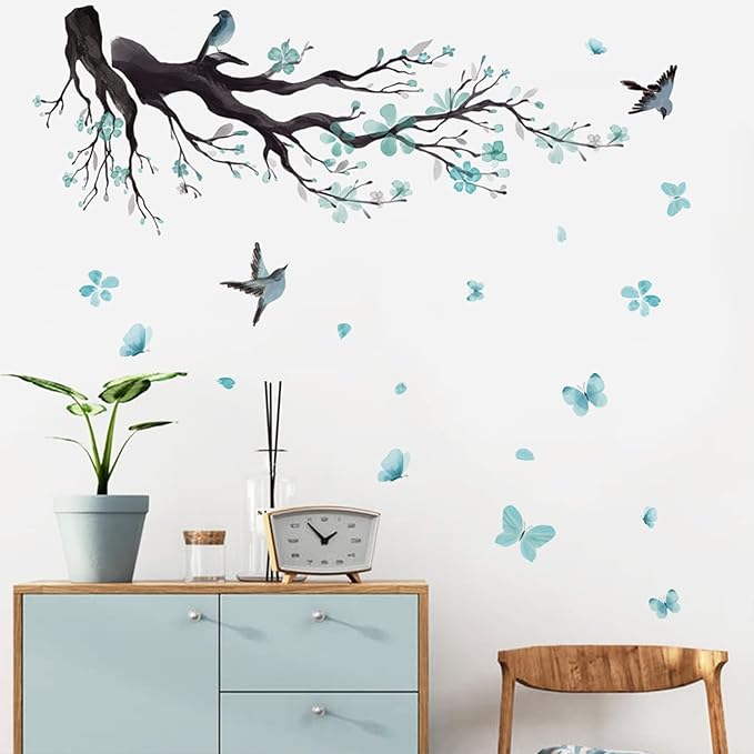 Watercolor Blue Flower Wall Stickers,Removable DIY Romantic Blossom Bird Tree Branch Wall Murals 3D Wall Art Stickers Home Decor for Gilrs Bedroom Nursery Rooms Living Room