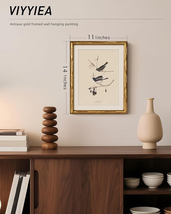 VIYYIEA Bamboo Detail Design Gold Framed Wall Art Kitchen Decor, Vintage Canvas Wall Art Prints for Living Room, Snow Birds Artwork, Animal Painting Picture Print, Home Decor Aesthetic 11 x 14inch