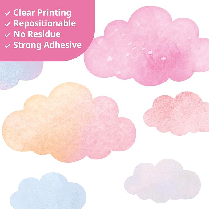 DECOWALL DS4-8094 Pastel Cloud Wall Stickers – Watercolor Sky Decals for Kids’ Room, Nursery & Playroom – Removable & Repositionable Wall Art – 64.8 × 55.7 cm / 25.5 × 21.9 in