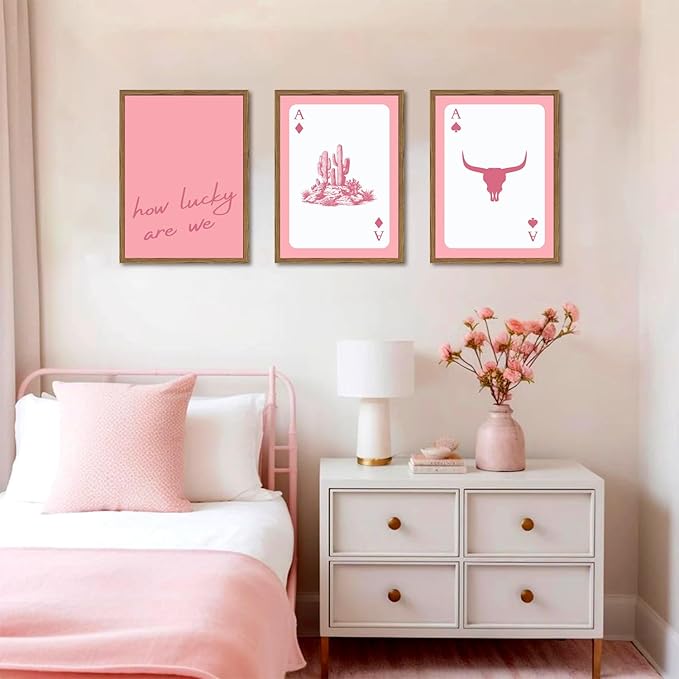 Western Wall Art Set of 3, Southwestern Cowboy Playing Card Wall Decor, Pink Longhorn Bull Skull and How Lucky are We Poster Canvas Painting Prints for Bedroom Living Room 12x16 inch Wood Framed