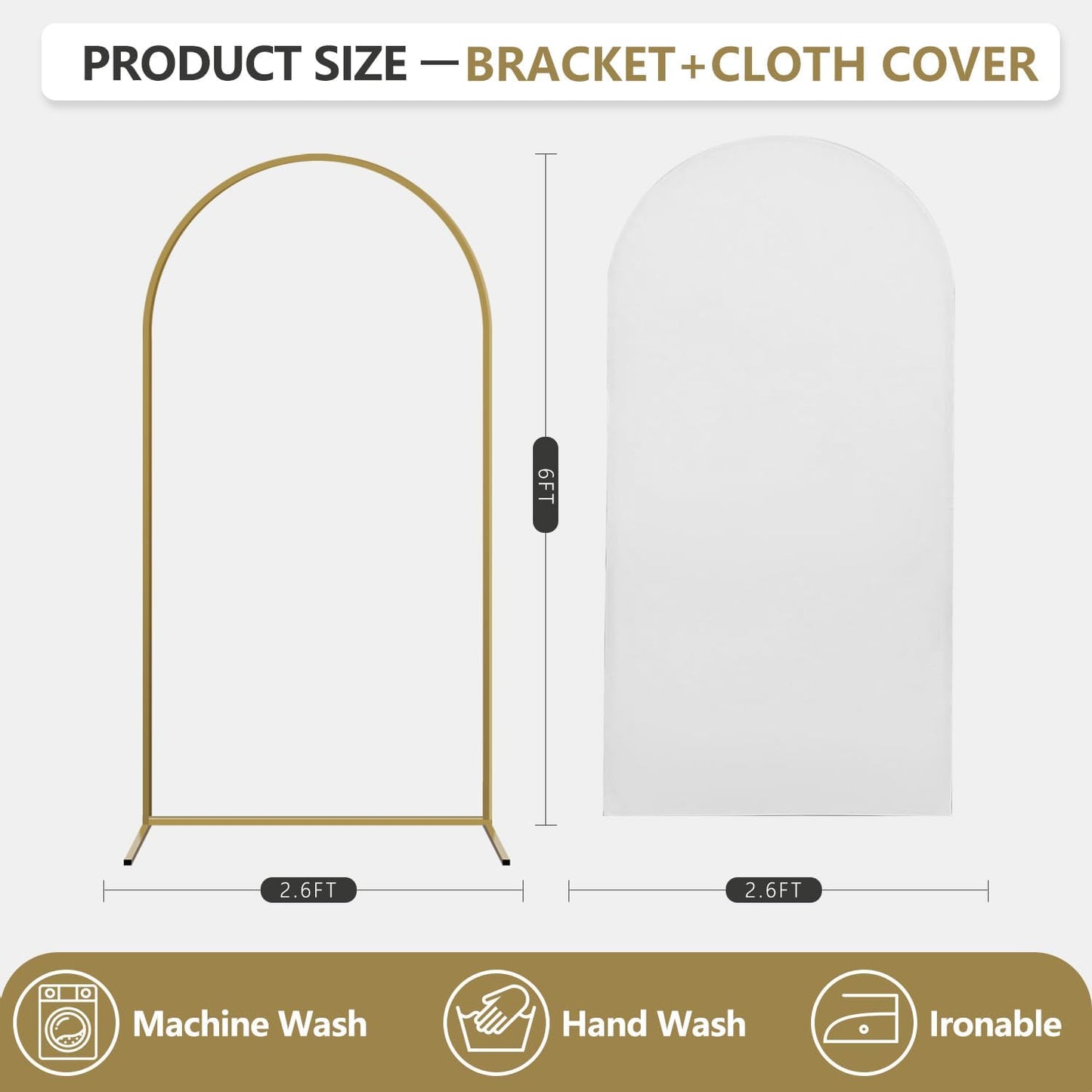 Arch Backdrop Stand and Cover Set, Metal Balloon Arch Backdrop 6ft, Gold Arched Stand Frame for Wedding, Parties,Birthday, Backdrop Decorations (White,6ft)