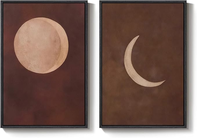 Framed Moon Phase Boho Wall Art Set of 2, Neutral Brown Lunar Celestial Canvas Artwork for Walls, Minimalist Bohemian Abstract Painting Prints for Living Room Bedroom Hallway Wall Decor, 16x24 Inch