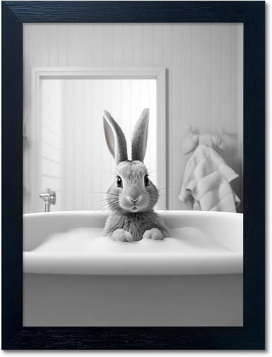 Funny Kids Bathroom Wall Decor, Black and White Cute Animal Canvas Wall Art, Black Framed Rabbit in Bathtub Farmhouse Picture Wall Decor Print Artworks for Bathroom