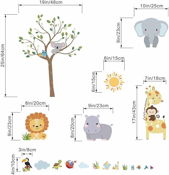 Animal Wall Stickers Decals for Kids: Baby Room Nursery Decor with Jungle Safari Theme Peel and Stick Removable Vinyl - Ages 0-12 Years