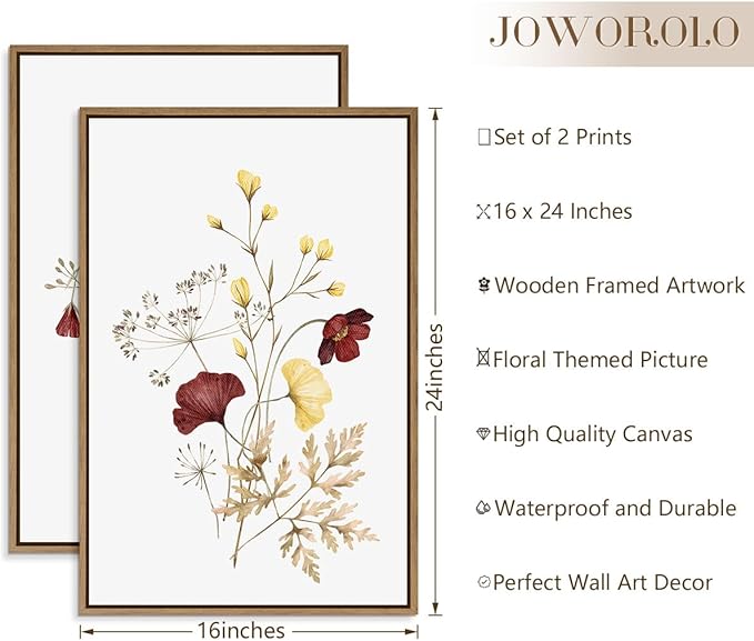 Watercolor Botanical Wall Art Prints Burgundy and Yellow Flower Pictures Wall Decor Colorful Floral Plants Painting Framed Aesthetic Poster for Home Office Kitchen Decoration 2 Pieces Set - 16x24 Inch
