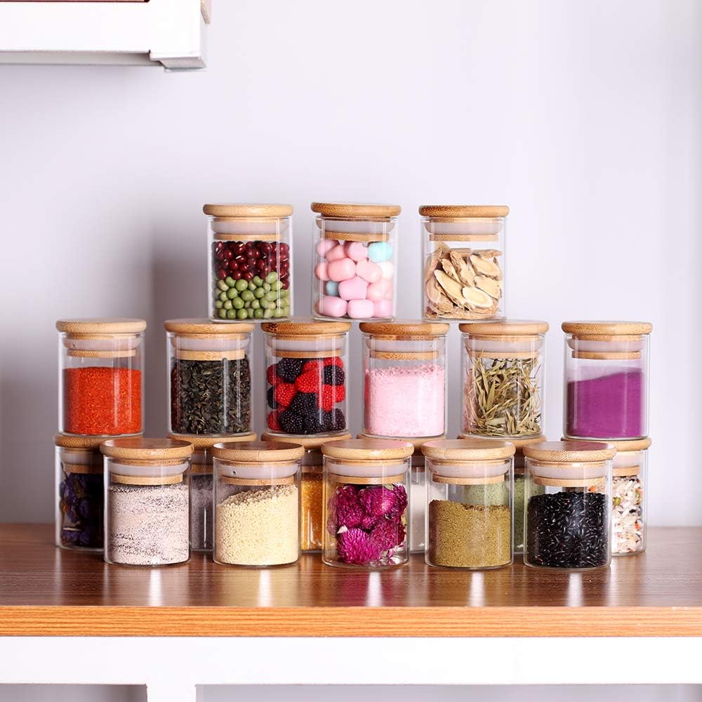 Spice Jar Set,2.5oz 20 Piece Glass Jar with Bamboo Airtight Lids and Labels, Mini Clear Food Storage Containers for pantry, kitchen canisters for Tea, Herbs, Sugar, Salt, Coffee