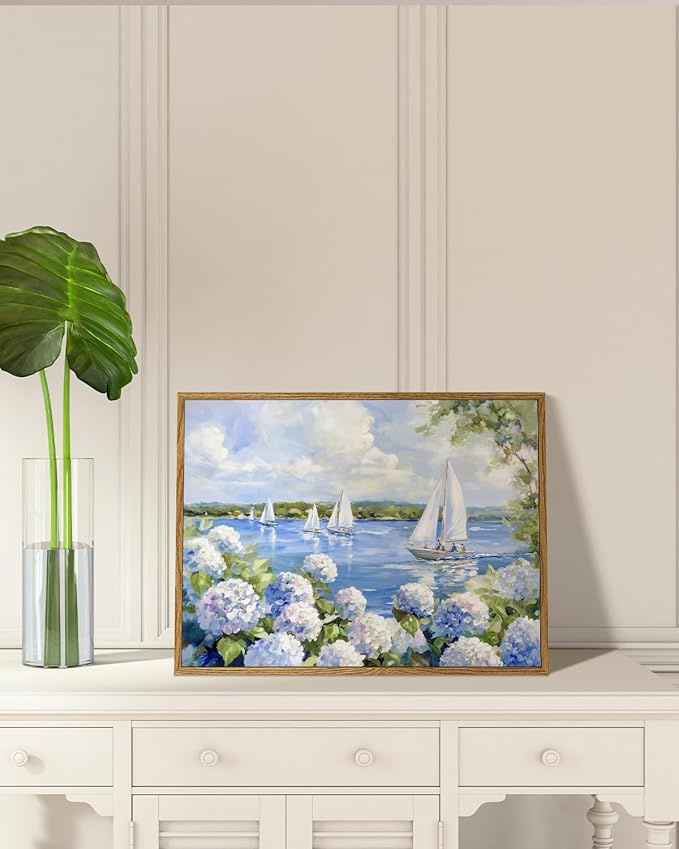 Vintage Blue Hydrangea Sailboat Framed Canvas Wall Art, 12x16 Summer Lake House Coastal Decor, Nautical Floral Landscape Painting Artwork for Living Room Bedroom Office Cottage Beach House