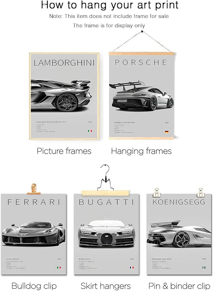 CSLGQGV Car Poster Vintage Racing Car Wall Art Supercar Canvas Prints Painting For Men Room Pictures Guys Dorm Room Aesthetics Decor Bedroom Office (Unframed,8×10inch,6pcs)