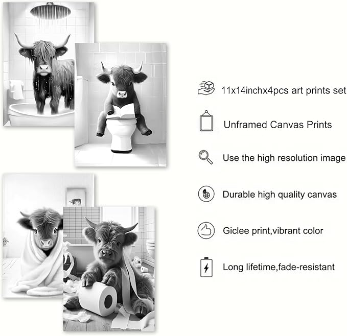 Western Cow Bathroom Decor Wall Art,Funny Highland Cow Wall Art in Restroom,Black and White Wall Decor,Highland Cow Canvas Art Prints,Rustic Retro Bathroom Wall Decor Humor Animals Artwork Prints,11x14inchx4pcs,Unframed