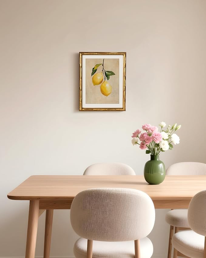 VIYYIEA Bamboo Detail Design Gold Framed Wall Art, Lemon Gold Framed Vintage Bamboo Style Wall Art for Living Room, Canvas Picture Print Painting, 11 x 14 Inch