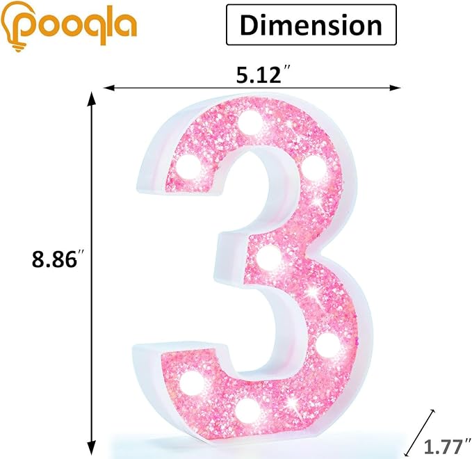 Pooqla Marquee Number Lights, Pink Light Up Numbers for Girls 3rd 13th Birthday, Battery Powered Glitter Number Night Light Gift for Christmas Bedroom Dorm Party Decoration, Cool White Number 3