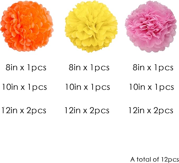 We Moment Pink Orange Yellow Paper Pom Poms for Party Decoration Boho Party Ceiling Wall Hanging Tissue Flowers Decorations 12pcs 3 Colors