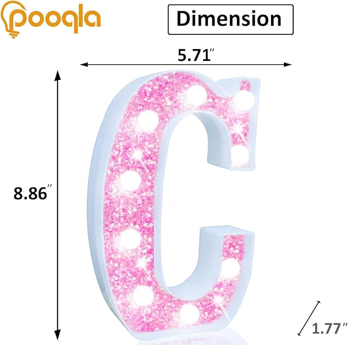 Pooqla LED Marquee Letter Lights, Light Up Pink Letters Glitter Letter Sign for Girls Gifts, Battery Powered for Night Light Birthday Party Wedding Home Bar Christmas Decoration, Cool White Pink C