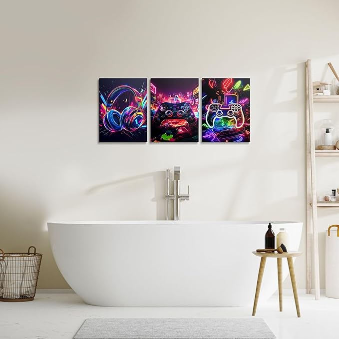 Feelyou Gamer Canvas Wall Art for Living Room - 12" x 16" 3 Piece Game Controller Picture - Gaming Gifts Bathroom Decor - Gamepad Office Decorations Artwork Posters - Purple Painting