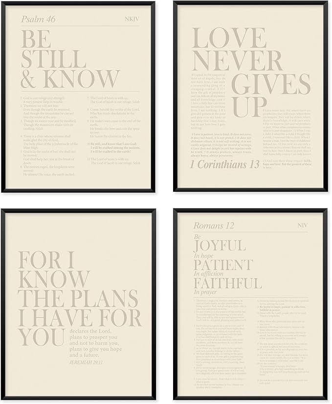 Locomiss Beige Christian Wall Art Decor, Modern Bible Verse Prints, Minimalist Jesus Scripture Wall Decor, Inspirational Bible Posters for Bedroom Office Living Room, Set of 4 (8x10 Unframed)