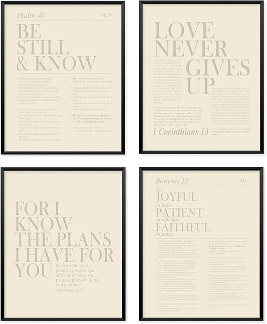 Locomiss Beige Christian Wall Art Decor, Modern Bible Verse Prints, Minimalist Jesus Scripture Wall Decor, Inspirational Bible Posters for Bedroom Office Living Room, Set of 4 (8x10 Unframed)