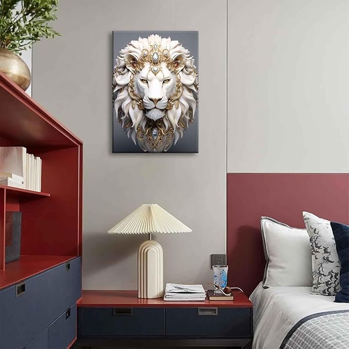 White Lion Canvas Wall Art Wild Animal Portraits Avatar Pictures Painting Decor Modern Large Gold Diamond Beast Posters Prints for Dining Living Room Bedroom Home Decoration