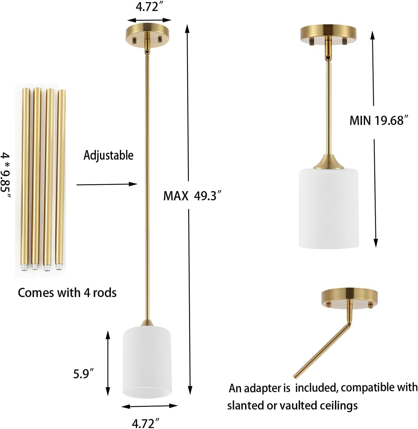 Modern Gold Pendant Light Brushed Brass Mid Century Chandelier White Cylinder Glass Shades Adjustable Rods Farmhouse Ceiling Hanging Lighting Fixture Kitchen Island Dining Room Bedroom