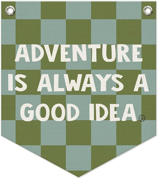 Boys Room Decor – Adventure Linen Pennant, Sage Green Canvas Triangle Flag, Wall Hanging Banner for Toddler Boy Nursery & Playroom, 14.5x12.6 in