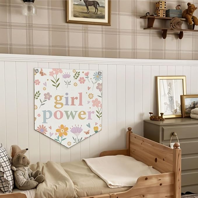 Girls Room Decor – Girl Power Linen Pennant, Floral Canvas Triangle Banner Flag, Wildflower Wall Hanging Decor for Toddler & Baby Girl Nursery, 14.5x12.6 in