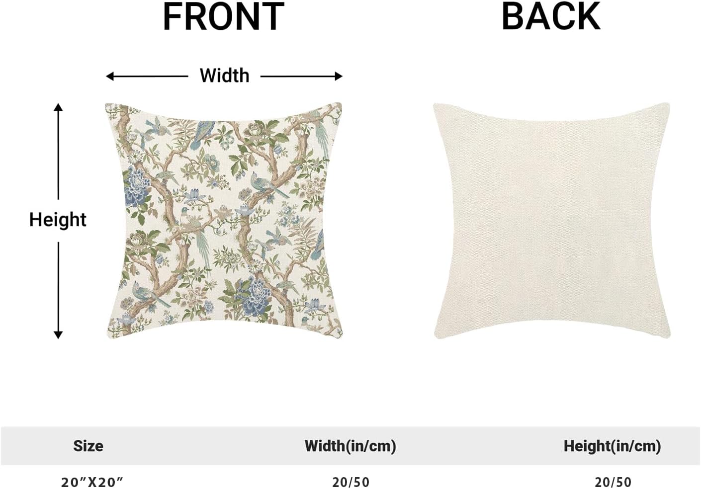 CXMEIFLY Chinoiserie Spring Pillow Covers 20 x 20 Inch Set of 2 for Blue Sage Green Vintage Flowers Bird Decor Throw Pillows Plant Farmhouse Outdoor Decorative Cushion Cases for Couch Bed Decorations