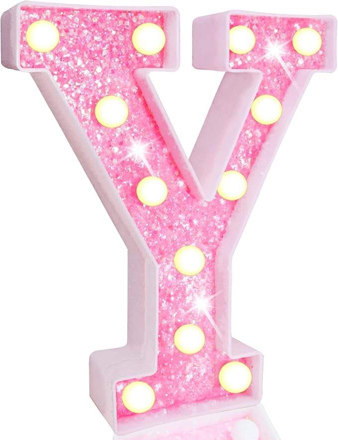 Pooqla LED Marquee Letter Lights, Pink Glitter Light Up Letters Alphabet Sign Battery Powered Night Light, Birthday Party Wedding Girls Gifts, Christmas Room Dorm Bedroom Decoration, Pink Letter Y