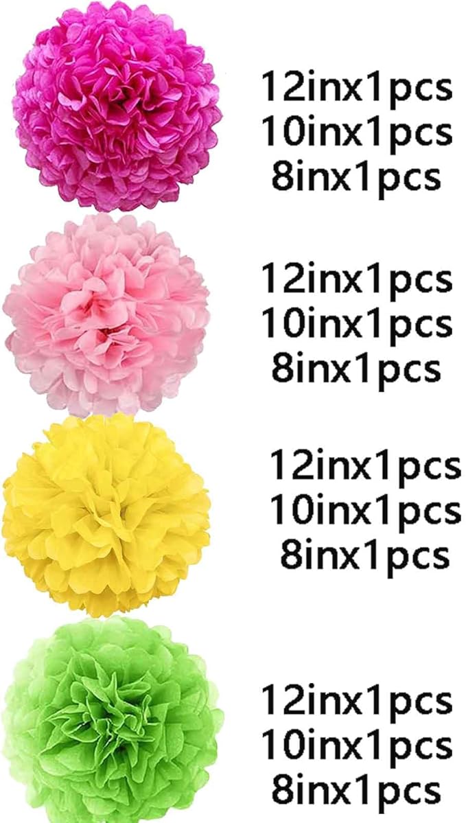 We Moment Hot Pink Yellow Green Pink Paper Flowers Pom Poms Decorations for Tropical Party Decorations Hawaiian Party Ceiling Wall Hanging Tissue Pom Poms 12pcs 4 Colors