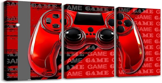 Feelyou Gamer Canvas Wall Art 12" x 16" 3 Piece Game Controller Office Wall Artwork Posters for Teens Adults Gaming Gifts Bathroom Wall Art for Home Gamepad Red and Black Wall Painting