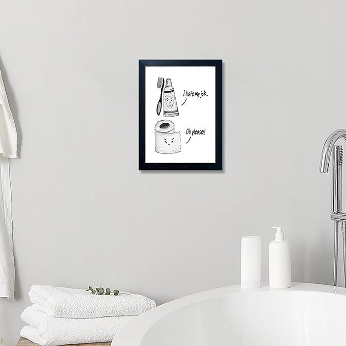 Boswaydeco Kids Bathroom Decor Wall Art Cute Children's Bathroom Wall Decor Small Funny Toliet Paper and Toothbrush Print Black and White Artwork for Guest Rom