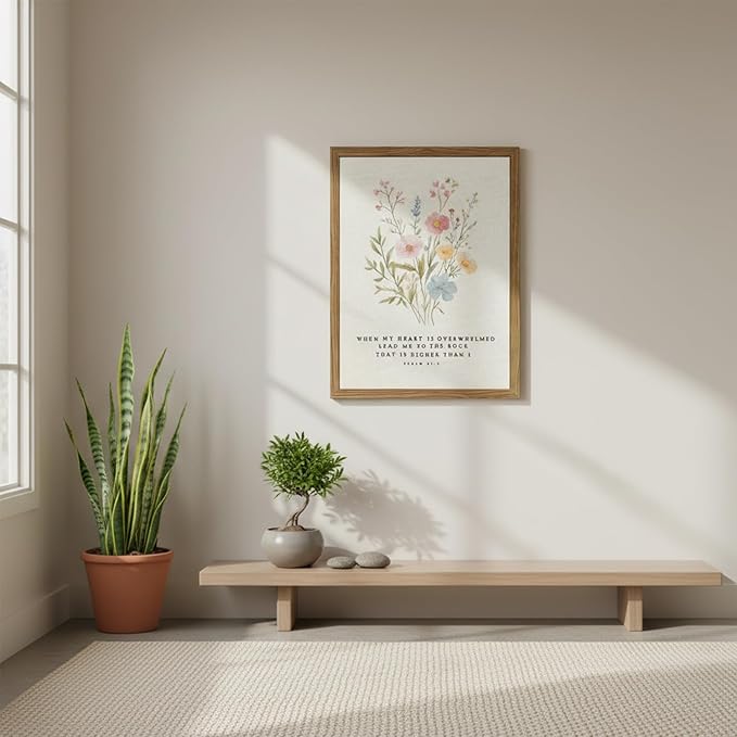 Christian Scripture Canvas Wall Art 8x10 Inch Psalm 61:2 Bible Verse Wall Decor, Boho Floral Religious Artwork for Prayer Room, Church, Office, Home, Wood Framed