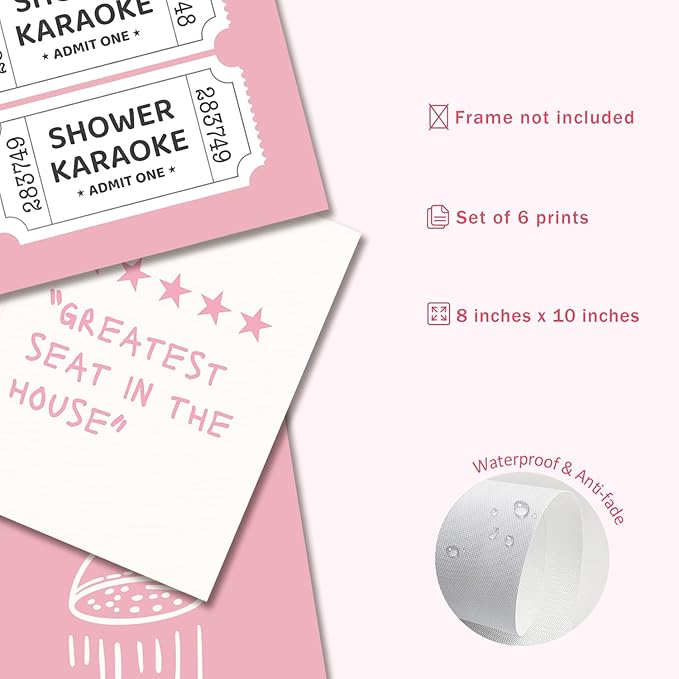 XBQZFLHT Coquette Pink Bathroom Wall Art Funny Shower Karaoke and Toilet Paper Bow Prints Wall Decor Cute Preppy Aesthetic Decor for Girls Washroom Dorm Restroom (8x10in Posters Unframed)