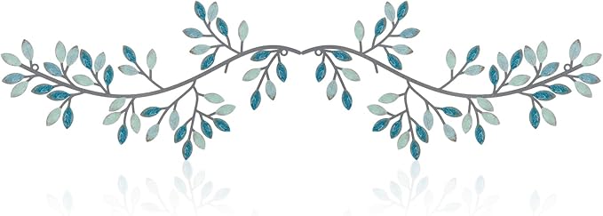 Hotop 2 Pieces Metal Tree Leaf Wall Decor Vine Olive Branch Leaf Wall Art Wrought Iron Scroll Sculptures Above the Bed, Living Room, Outdoor Decoration(Classic Style,Teal)