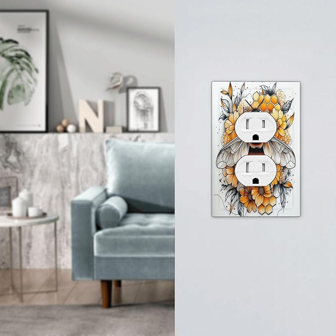 Outlet Covers Bee Honeycomb Flowers Plant Leaves 1 Gang Duplex Light Switch Cover Decorative Switch Plates Electrical Receptacle Faceplate Wall Plate For Nursery Kids Room Decor