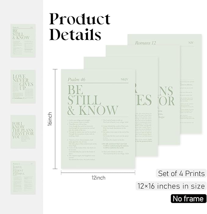 Locomiss Sage Green Christian Wall Art Decor, Modern Bible Verse Prints, Minimalist Jesus Scripture Wall Decor, Inspirational Bible Posters for Bedroom Office Living Room, Set of 4 (12x16 Unframed)