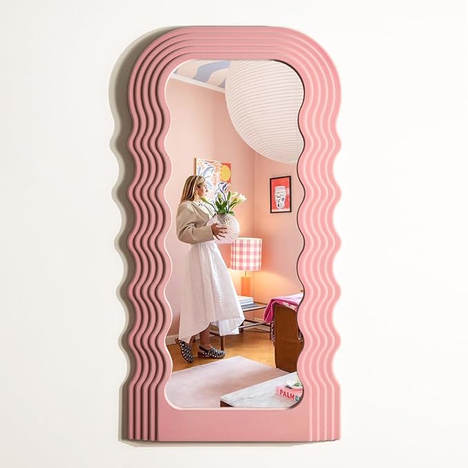 Wavy Mirror Wall Decor for Girly Bedroom, 14x28 Abstract Decorative Mirrors for Modern Apartment Nursery Room Decoration, Large Hanging Wall Art Above Dresser Desk Table Decor (Light Pink)