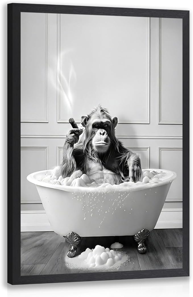 IAFWZX Wood Framed Funny Bathroom Wall Art, Black and White Chimpanzee in Bathtub Wall Decor, Cute Animal Wrapped Canvas Painting, Humor Gorilla Toilet Poster Print for Restroom Guest Bedroom 12"x16"
