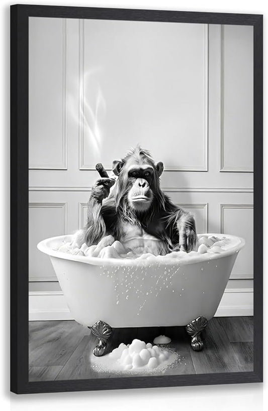 IAFWZX Wood Framed Funny Bathroom Wall Art, Black and White Chimpanzee in Bathtub Wall Decor, Cute Animal Wrapped Canvas Painting, Humor Gorilla Toilet Poster Print for Restroom Guest Bedroom 16"x24"