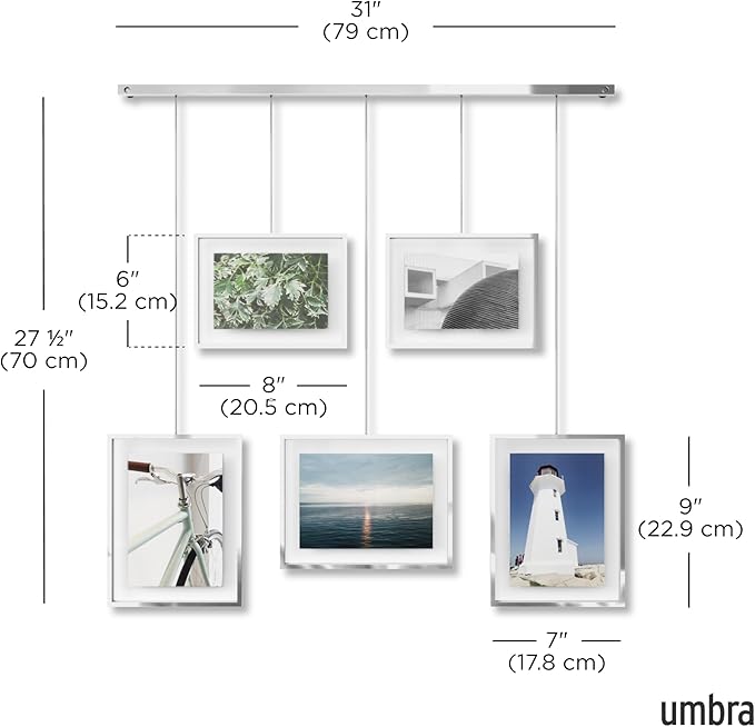Umbra Exhibit Picture Frame Gallery Set, Adjustable Wall Collage Displays Five Photos (Two 4x6 and Three 5x7), Set of 5, Chrome