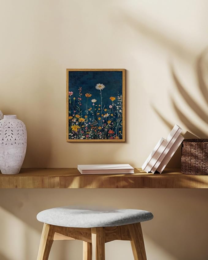 WHASAYART Botanical Floral Canvas Print 8x10 Framed Wildflower Wall Art, Rustic Dark Blue Colorful Flower Artwork, Vibrant Vintage Painting Living Room Kitchen Bedroom Hallway Home Decor